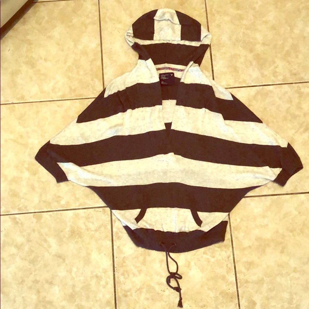 Grey, striped, hooded sweater
